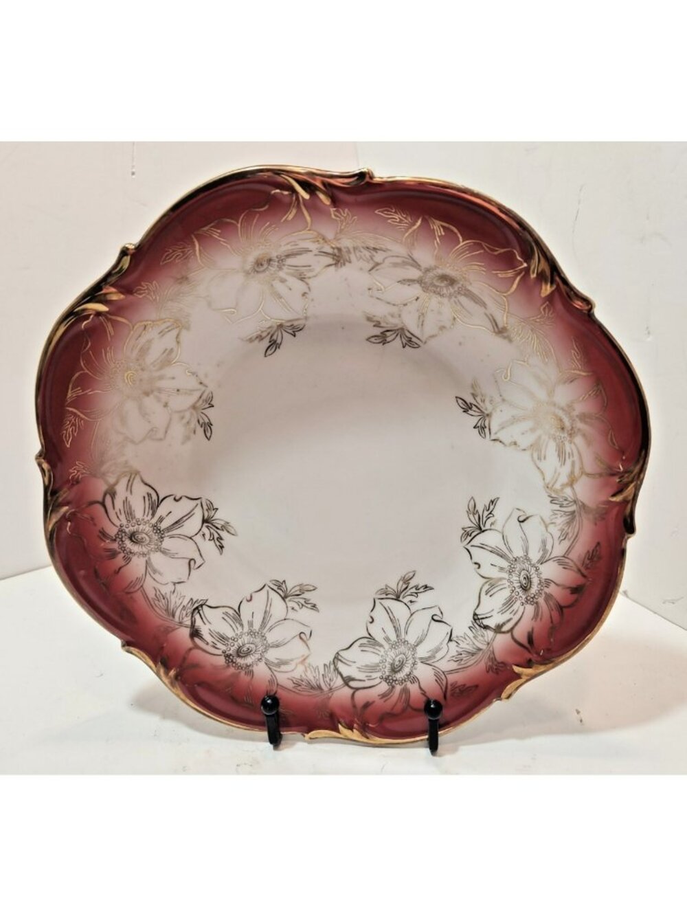 Vtg 1940's Bareuther White Gold Maroon Floral Handpainted Bowl